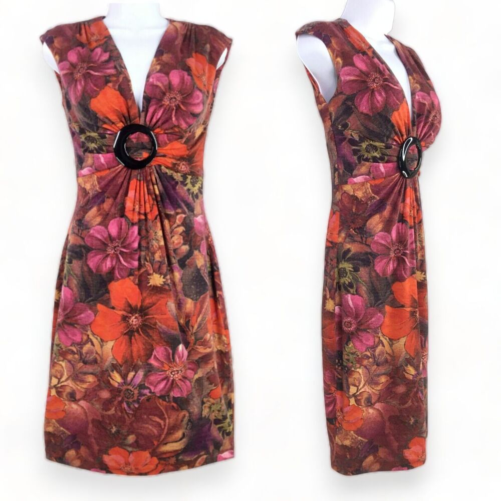 Vtg Cache Wool Cocktail Dress Sz 4 Twist-Front Floral Sheath Y2K Red Pink USA